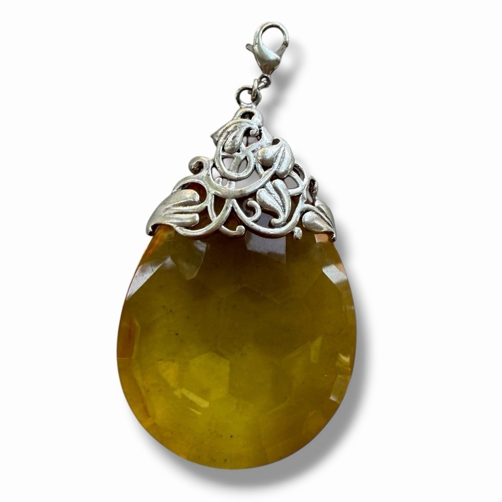 Pilgrim Large Amber Yellow Faceted Teardrop Charm Pendant Silver Tone Lobster Cl